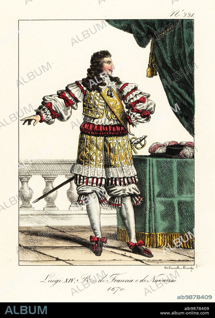 Portrait of King Louis XIV of France 1670. The Sun King in embroidered waistcoat and pantalons frilled sleeves and breeches hose ribbon shoes court sword. Louis XIV Album alb9878409