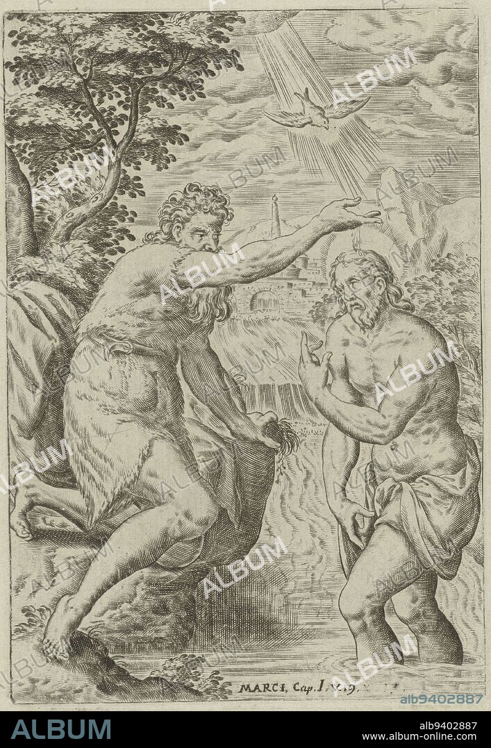 Book illustration accompanying the story of the baptism of Christ (Mark 1:9). Christ is baptized by John the Baptist in the Jordan River. During the baptism, the Holy Spirit descends (as a dove) from heaven and settles on Christ's head. The print includes a caption with a reference to the accompanying Bible passage, Baptism of Christ Scenes from the Bible Biblia sacra , print maker: Abraham de Bruyn, Gerard van Groeningen, Antwerp, 1583, paper, engraving, h 165 mm × w 113 mm.