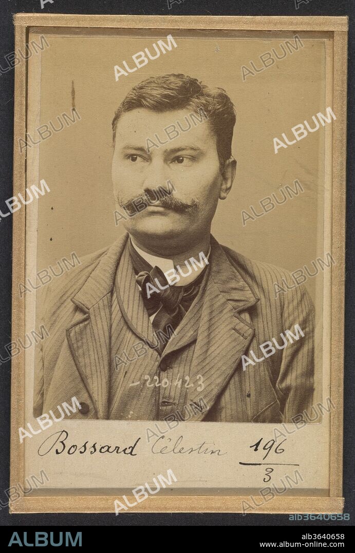 Bossard. Célestin. 33 ans, né le 5/3/61 à Gonbretière (Vendée). Cordonnier. Anarchiste. 2/7/94. Artist: Alphonse Bertillon (French, 1853-1914). Dimensions: 10.5 x 7 x 0.5 cm (4 1/8 x 2 3/4 x 3/16 in.) each. Date: 1894.
Born into a distinguished family of scientists and statisticians, Bertillon began his career as a clerk in the Identification Bureau of the Paris Prefecture of Police in 1879. Tasked with maintaining reliable police records of offenders, he developed the first modern system of criminal identification. The system, which became known as Bertillonage, had three components: anthropometric measurement, precise verbal description of the prisoner's physical characteristics, and standardized photographs of the face. 
In the early 1890s Paris was subject to a wave of bombings and assassination attempts carried out by anarchist proponents of "propaganda of the deed." One of Bertillon's greatest successes came in March 1892, when his system of criminal identification led to the arrest of an anarchist bomber and career criminal who went by the name Ravachol (2005.100.375.348). The publicity surrounding the case earned Bertillon the Legion of Honor and encouraged police departments around the world to adopt his anthropometric system.