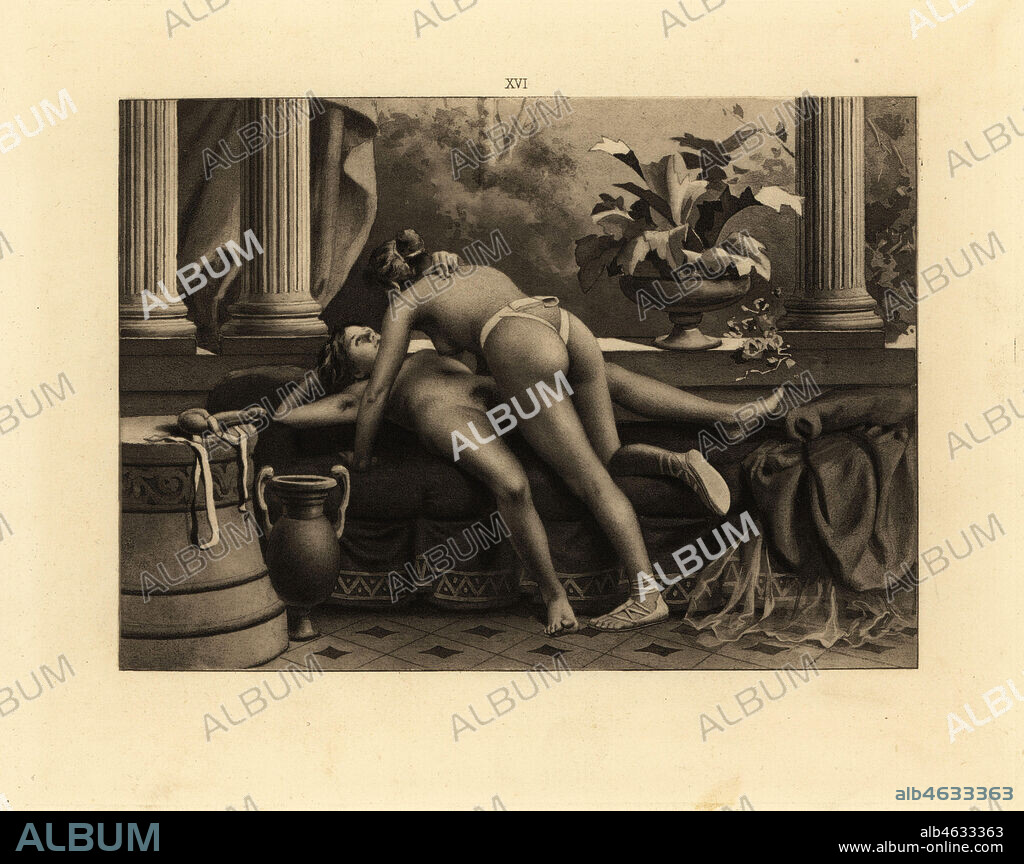 Roman Sapphic couple having sex with a strap-on dildo. Aquatint by  Theophile Fillon after an illustration by Paul Avril from Friedrich Karl  Forbergs Manual of Classical Er - Album alb4633363