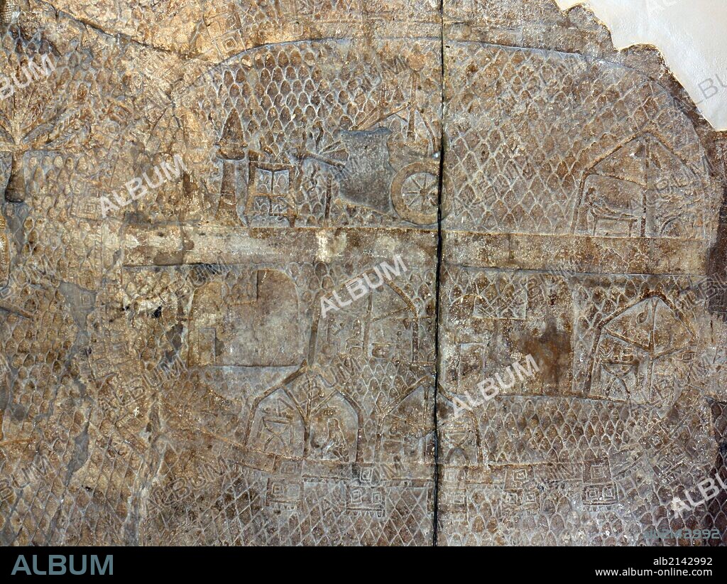 Wall panel showing the Assyrian camp. Assyrian, approximately 700-692 BC. From the South-West Palace in Nineveh. Part of the Lachish series, showing the base camp from which they launched the siege. (Photo by: Universal History Archive/UIG via Getty Images).