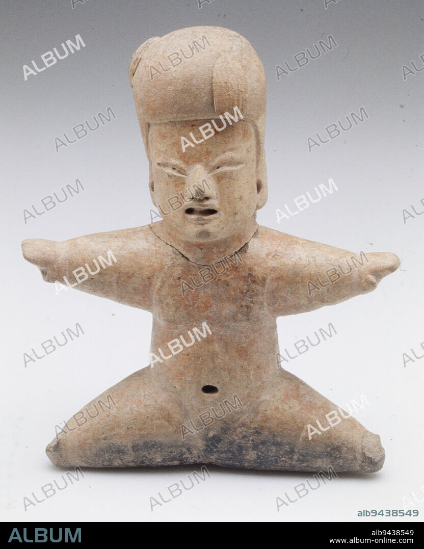 Figure, 11th-6th century BCE, 8 7/8 x 7 in. (22.54 x 17.78 cm), Ceramic, Mexico, 11th-6th century BCE, The Olmec people developed the first cities of Mesoamerica. Situated in the tropical lowlands of Mexico, these early urban societies produced most of the major features of later regional civilizations: monumental architecture and sculpture, hieroglyphic writing, a calendrical system, and intensive agriculture. The distinctive Olmec art style, expressive of their religion, greatly influenced subsquent Mesoamerican art.A prominent motif in Olmec art is the 'baby face,' a fleshy human face with drooping mouth, squinting eyes, and snub nose. Here the distinctive features are part of a naturalistic depiction, but in many Olmec pieces they merge with feline traits like snarling lips and fangs. These pervasive references to the spiritual union of a jaguar and a human allude to an Olmec conception of the supernatural status of rulers.
