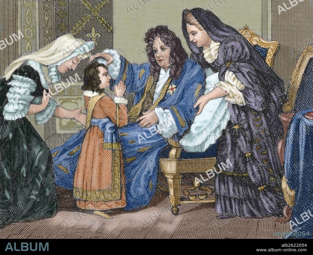 Louis XIV (1638-1715), King of France, with his grandson. Engraving. Colored.
