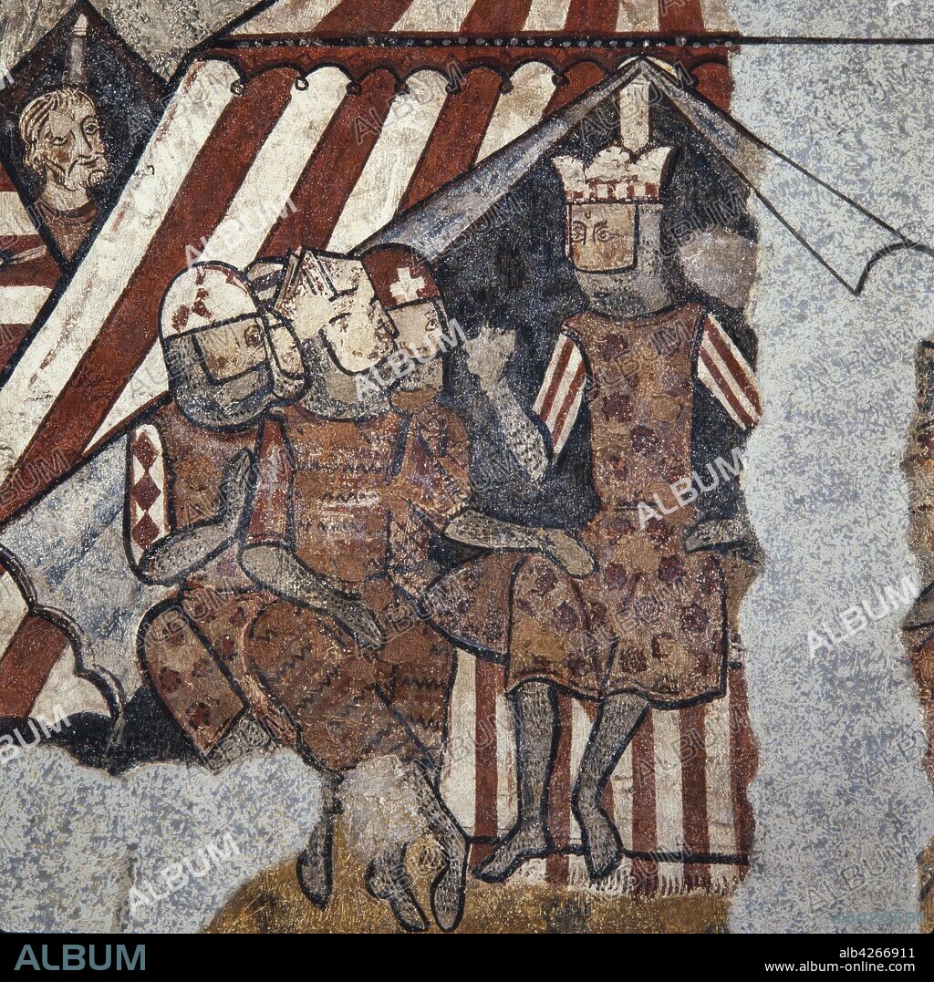 Pintura mural de la Conquista de Mallorca, procedente del palacio Berenguer d'Aguilar, siglo XIII.