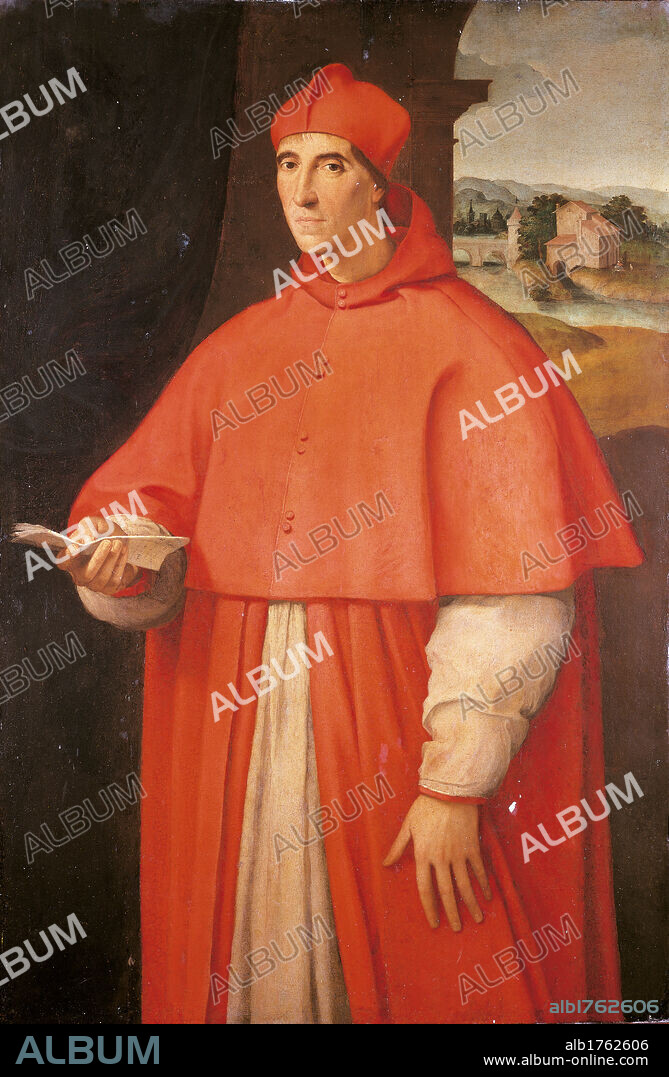 Portrait of Cardinal Alessandro Farnese, by Raffaello Sanzio, 1509-1511, 16th Century, oil on panel, cm 138 x 91. Italy, Campania, Naples, Capodimonte National Museum and Galleries. All. Portrait cleric cardinal cape headdress wear dress view landscape red white. Authorization required for non editorial use.