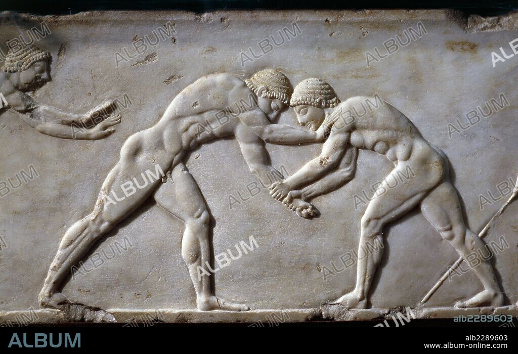 Wrestlers, decorative detail from stele depicting a wrestling match between athletes, ca 510 BC, from the Kerameikos cemetery, Athens, Greece. Greek civilisation, 6th century BC.