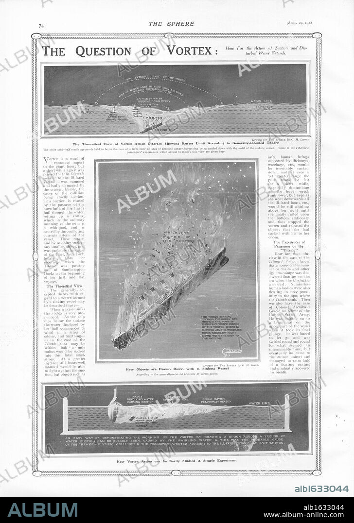 Illustration - Titanic Sinking. RMS Titanic Sinking. Illustration shows how objects are drawn down with a sinking vessel due to the principle of vortex action. Titanic was built by Harland & Wolff in Belfast Ireland during 1910 - 1911 and later sank on April 15th, 1912 off the coast of New Foundland after striking an iceberg during her maiden voyage from Southampton, England to New York, USA. (Photo by Titanic Images/Universal Images Group).