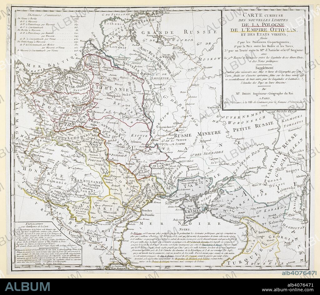 An 18th century map covering Russia; Ukraine; Poland (after the first partition); Lithuania; Tartary; Transylvania; Turkey; Hungary and surrounding territories. . Carte curieuse des nouvelles limites de la Pologne, de l'Empire Ottoman, et des EÌtats voisins, par M. Brion. 1775. Source: Maps.K.Top.110.53. Language: French.