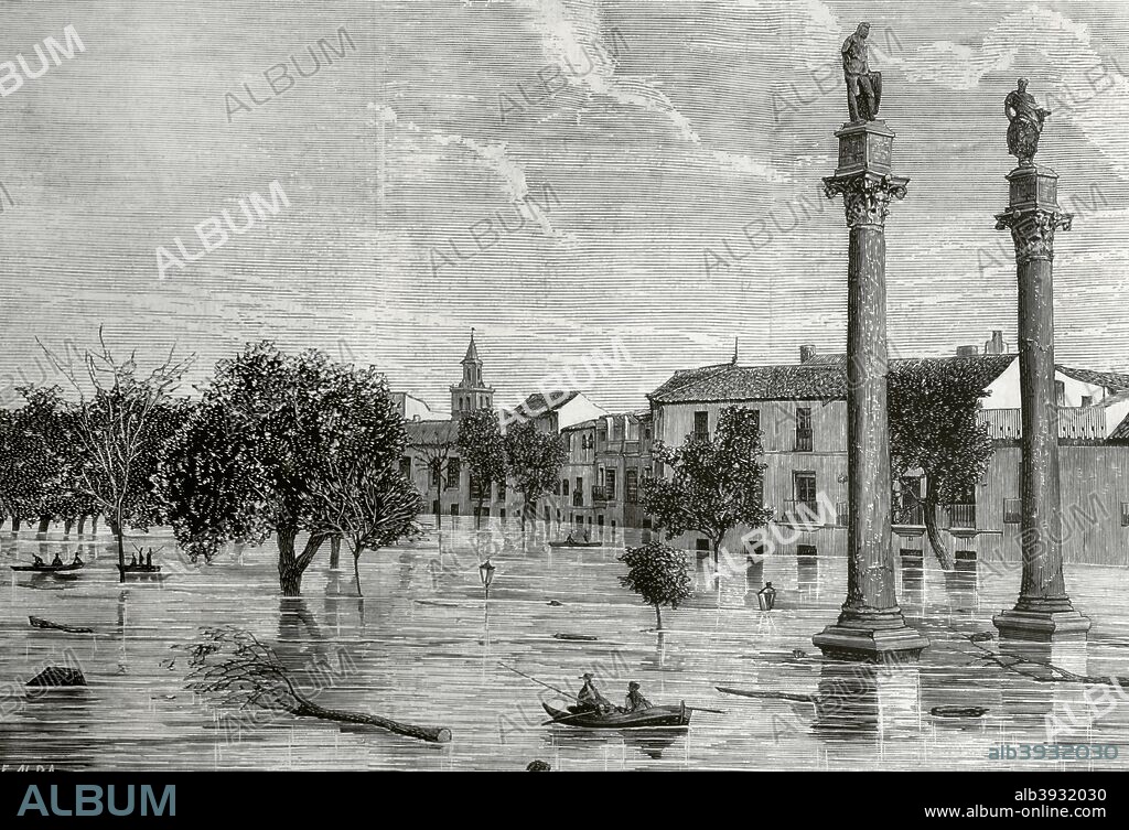 Spain, Andalusia, Seville. Floods in the city. Overflow of the Guadalquivir river. The Alameda de Hercules on the morning of December 9, 1876. Engraving by E. Alba La Ilustracion Espa–ola y Americana, December 22, 1876.