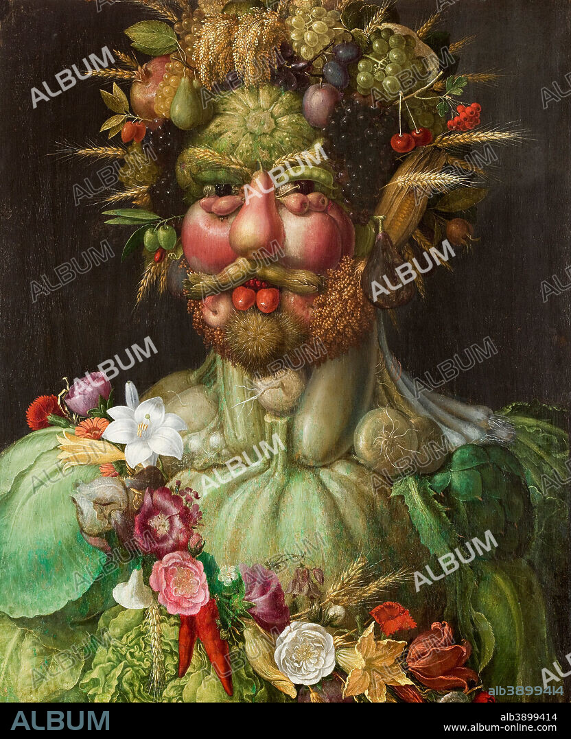 GIUSEPPE ARCIMBOLDO. Rudolf II of Hamsburg or Vertumnus. Date/Period: 1590. Drawing. Oil on panel. Height: 680 mm (26.77 in); Width: 560 mm (22.04 in).