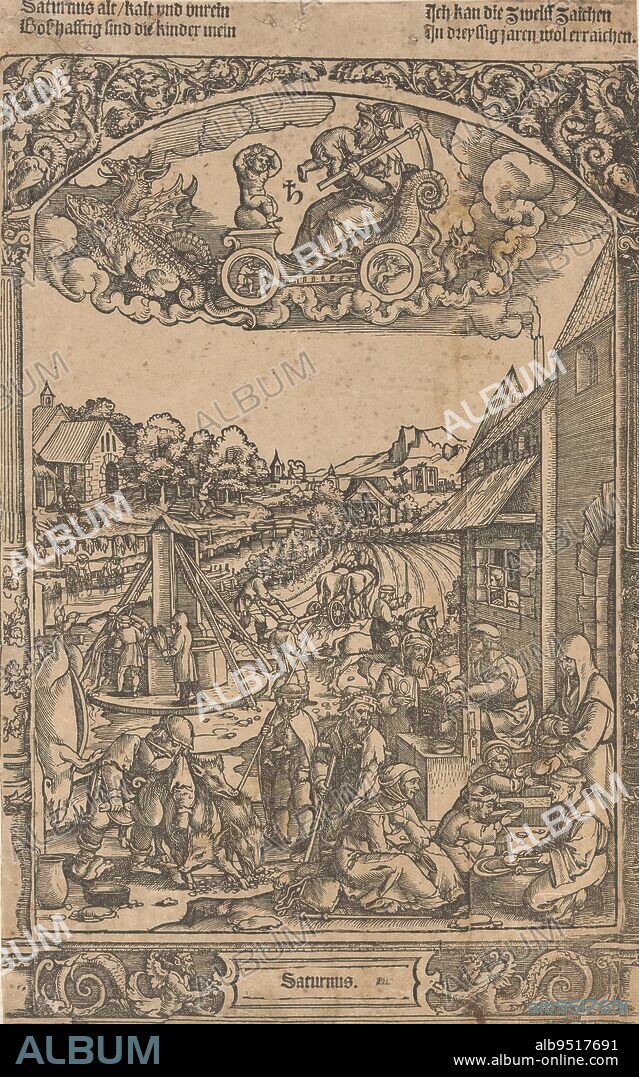 Saturn and his planetary children, Saturn (title on object), The seven planets (series title), Saturn rides in his chariot of triumph in the sky, pulled by two dragons. On the chariot are the signs of the zodiac Aquarius and Capricorn. He devours one of his children. The people on earth are in poor health and do not have a happy end of life. Invalids, poor, hungry and pilgrims get food from charitable monks. On the right, people in prison. In the background, the land is being worked. At top a four-line verse in German., print maker: anonymous, after design by: Hans Sebald Beham, (rejected attribution), after design by: Georg Pencz, (attributed to), Germany, 1531, paper, height 367 mm × width 229 mm.