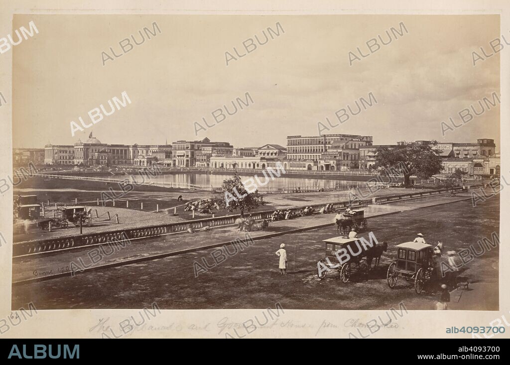 SAMUEL BOURNE. The Esplanade and Government House from Chowringhee [Calcutta]. A view from the north end of Chowringhee Road beside the carriage stand looking north-west across the Dhurrumtollah Tank towards the faÃ§ades of the houses along Esplanade Row, with Government House on the extreme left. The flat-fronted, verandahed building behind the premises of William Coish & Co is the Adjutant-General's offices. Among the commercial premises on Esplanade Row are Mountain's Hotel, Madame Nielly (French milliner), Payne & Co's Belatee Bungalow and Thomson & Co. With hack gharries in the roadway in the foreground. 1860s. Photograph. Source: Photo 29/(7). Language: English.