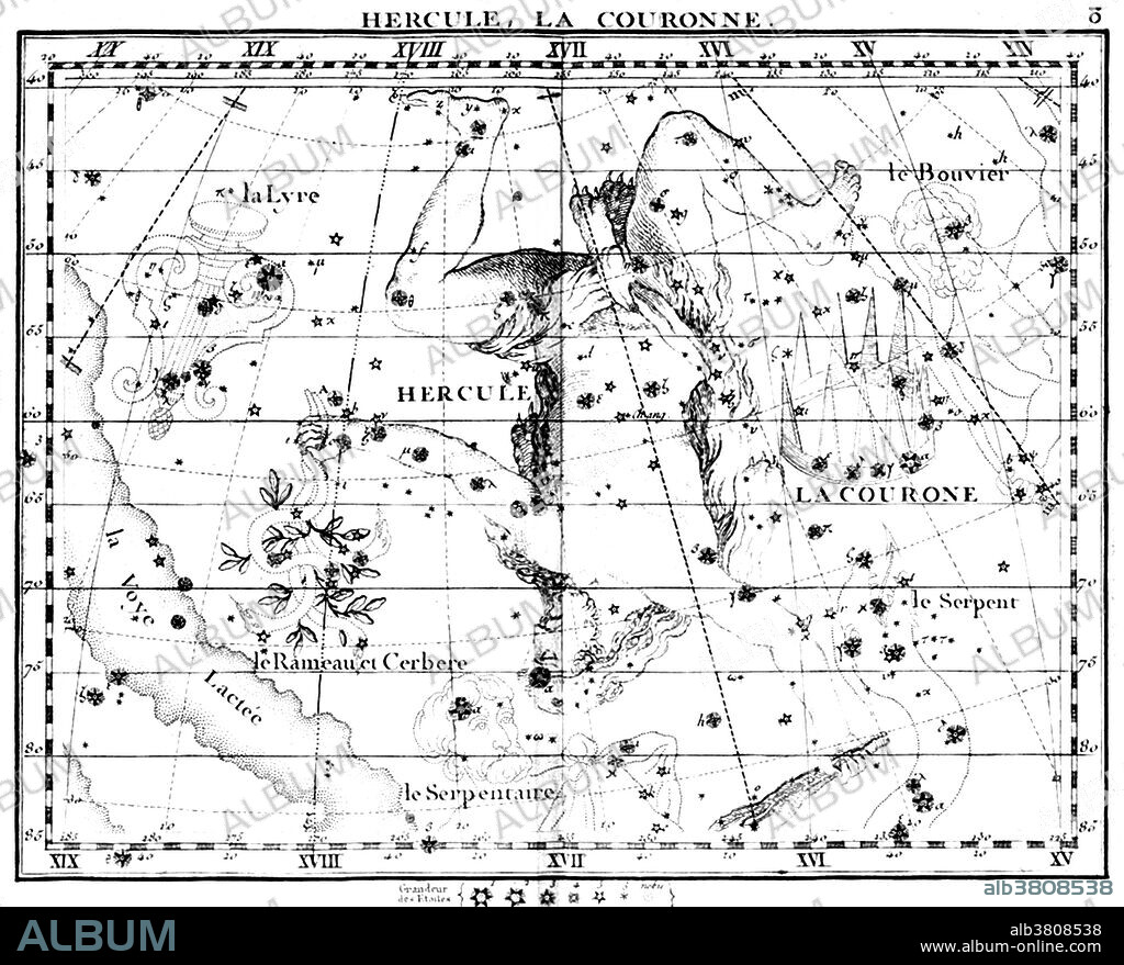 Hercules is a constellation named after Heracles, the Roman mythological hero adapted from the Greek hero Heracles. Hercules was one of the 48 constellations listed by the 2nd century astronomer Ptolemy, and it remains one of the 88 modern constellations defined by the International Astronomical Union. It is the fifth largest of the modern constellations.The Atlas Coelestis is a star atlas published posthumously in 1729, based on observations made by the First Astronomer Royal, John Flamsteed. The Atlas, the largest that ever had been published and the first comprehensive telescopic star catalogue and companion celestial atlas, contains 26 maps of the major constellations visible from Greenwich, with drawings made in the Rococo style by James Thornhill. One of his main motivations to produce the Atlas, was to correct the representation of the figures of the constellations, as made by Bayer's, Uranometria (1603). Bayer represented the figures viewed from behind (not from the front, as was done since the time of Ptolemy), which reversed the placement of stars and created unnecessary confusion.