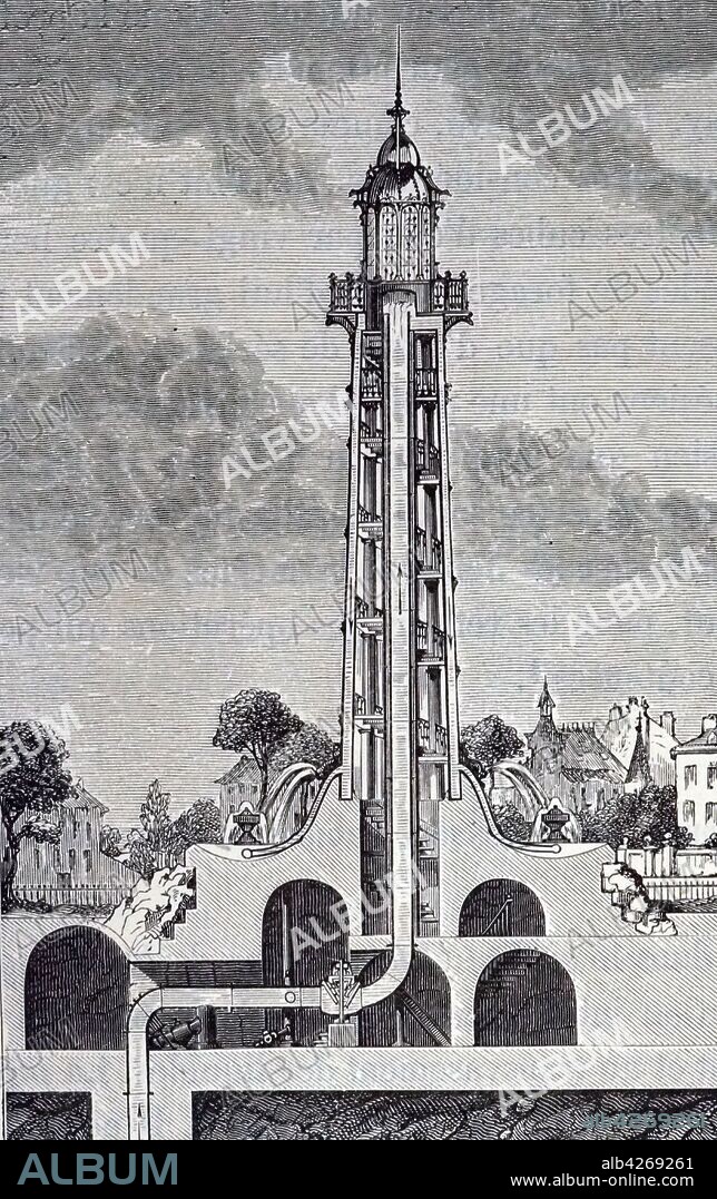 An engraving depicting a cross-section of an artesian well in Passy, France. Dated 19th century.