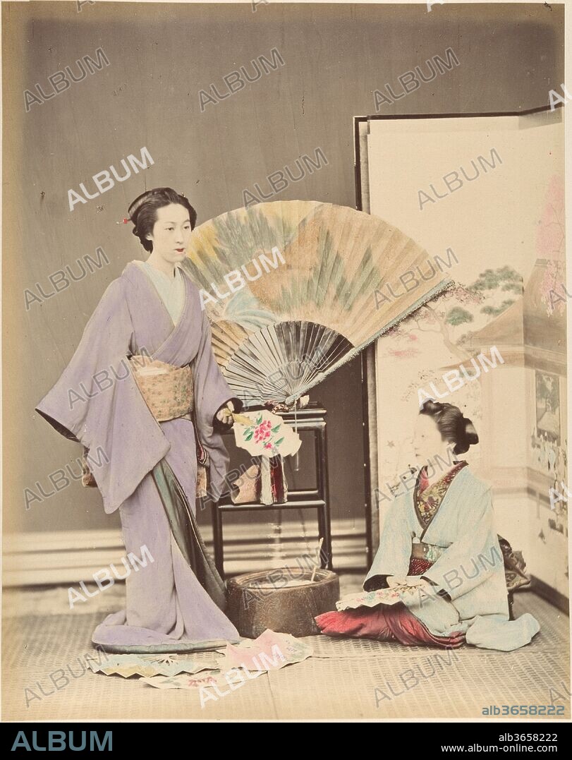 [Two Japanese Women in Traditional Dress with Fan and Screen]. Artist: Suzuki Shin'ichi (Japanese, 1835-1919). Dimensions: 25.2 x 19.7 cm (9 15/16 x 7 3/4 in.). Date: 1870s.