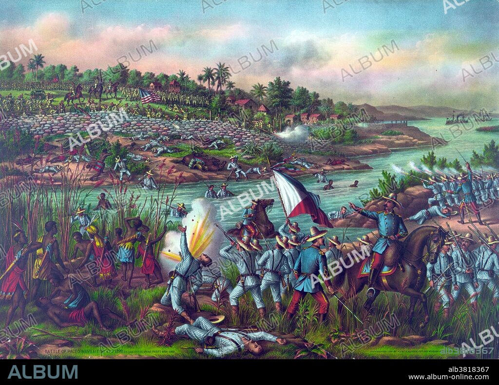 The Battle of Manila, the first and largest battle fought during the Philippine-American War, was fought on February 4-5 1899 between 19,000 Americans and 15,000 Filipinos. Armed conflict broke out when American troops, under orders to turn away insurgents from their encampment, fired upon an encroaching group of Filipinos. Philippine President Emilio Aguinaldo attempted to broker a ceasefire, but American General Elwell Stephen Otis rejected it and fighting escalated the next day. It ended in American victory, although minor skirmishes continued on for several days afterward. The Philippine-American War (1899-1902) was an armed conflict between the United States and Philippine revolutionaries. The conflict arose from the struggle of the First Philippine Republic to secure independence from the United States following the latter's acquisition of the Philippines from Spain after the Spanish-American War. The war was a continuation of the Philippine struggle for independence that began in 1896 with the Philippine Revolution. Fighting erupted between United States and Philippine revolutionary forces on February 4, 1899, and quickly escalated into the 1899 Second Battle of Manila. On June 2, 1899, the First Philippine Republic officially declared war against the United States. The war officially ended on July 4, 1902. Kurz & Allison chromolithograph, 1899.