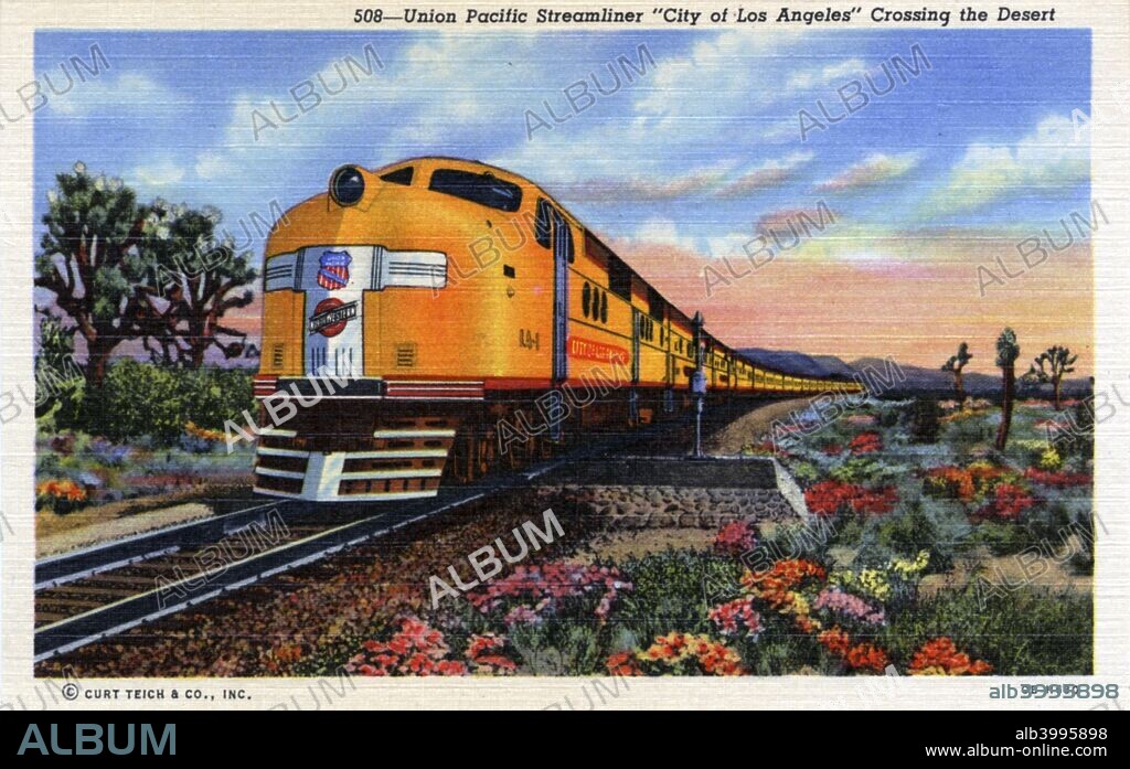 Union Pacific streamliner 'City of Los Angeles' crossing the desert, USA, 1940. The 'City of Los Angeles' operated between Chicago and Los Angeles from 1937 onwards. It was Union Pacific's flagship service, and was a direct competitor with the Atchison, Topeka and Santa Fe Railway's 'Super Chief'. Hollywood actor Ronald Reagan was a frequent traveller on the 'City of Los Angeles', and appeared in an advertisement for the train in the National Geographic magazine.