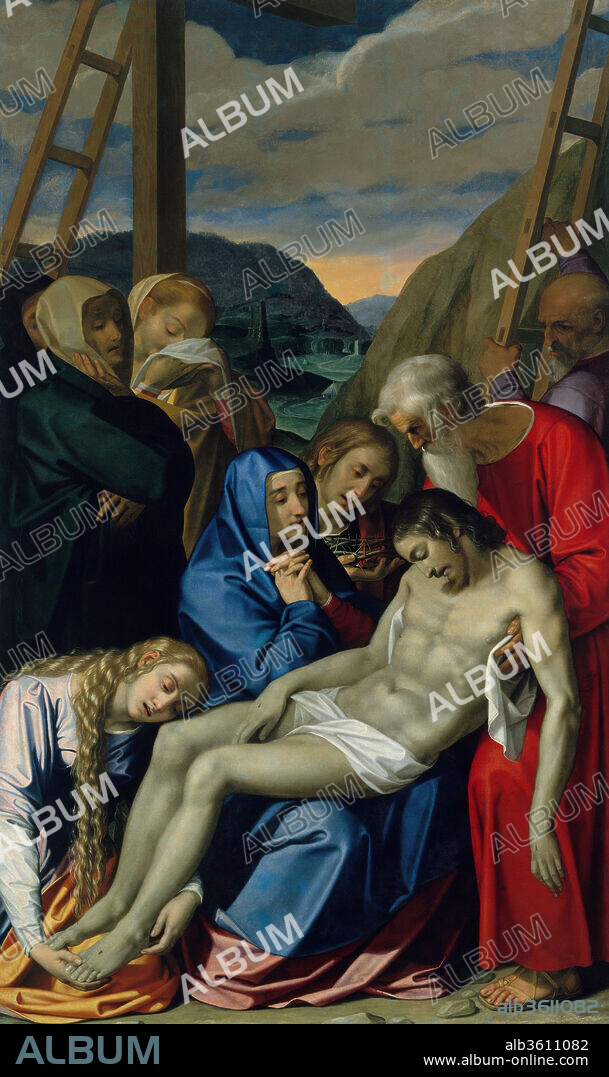 The Lamentation. Artist: Scipione Pulzone (Il Gaetano) (Italian, Gaeta, active by 1569-died 1598 Rome). Dimensions: 114 x 68 in. (289.6 x 172.7 cm). Date: 1593.
This altarpiece was painted for the chapel of the Passion of Christ in the church of the Gesù, in Rome, the headquarters of the Jesuit order. Its style was intended to complement the austere interior space of the church. Pulzone's canvas is conceived not as a narrative but as a meditation on the Entombment of Christ, in line with Ignatius Loyola's <i>Spiritual Exercises</i>. Details such as the tears of the Virgin, the crown of thorns held by Saint John, and the pallor of Christ's body are presented to the viewer for contemplation. Pulzone's brand of realism made him an important exponent of Counter Reformation art.