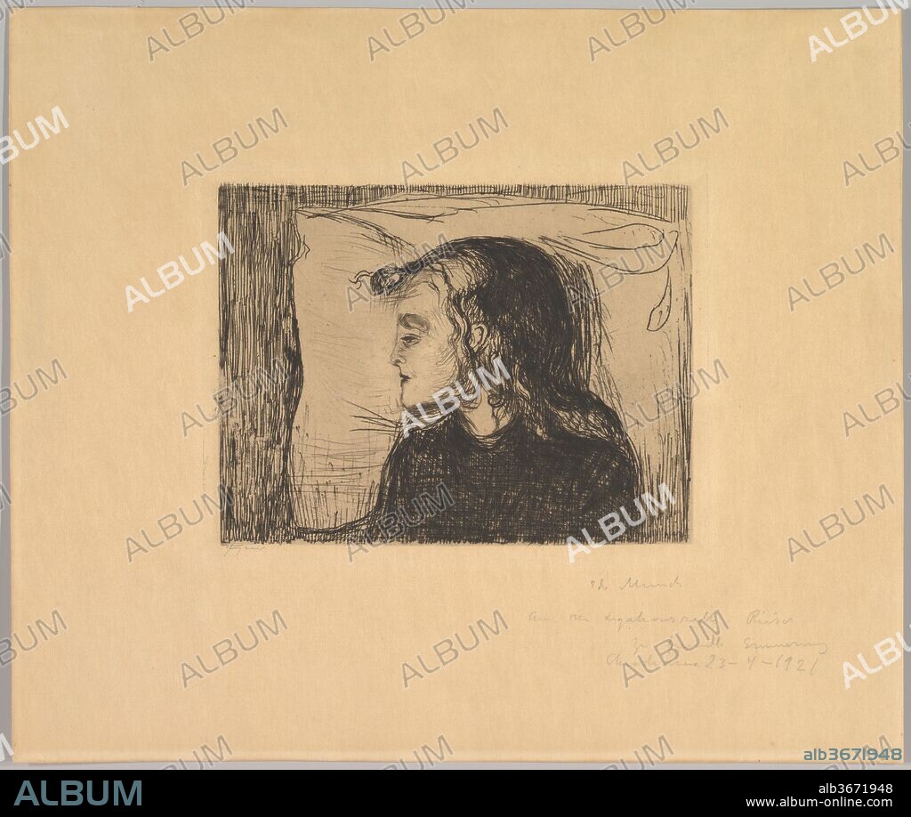 The Sick Girl. Artist: Edvard Munch (Norwegian, Løten 1863-1944 Ekely). Dimensions: Plate: 5 3/8 × 7 1/16 in. (13.6 × 18 cm)
Sheet: 10 9/16 × 12 1/2 in. (26.8 × 31.7 cm). Printer: Otto Felsing (German, born 1854). Date: 1896.