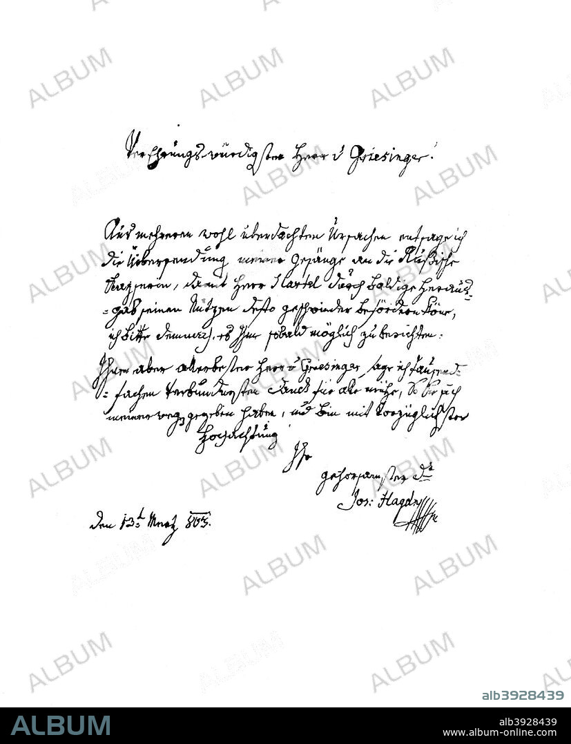 Letter by Francis Joseph Haydn to Herr von Griesinger, 1803 (1865). A print from The Autograph Souvenir, A collection of Autograph Letters, Interesting Documents, &c, Executed in Facsimile, by Frederick George Netherclift, by Richard Sims, 1st Series, FG Netherclift, London, 1865.