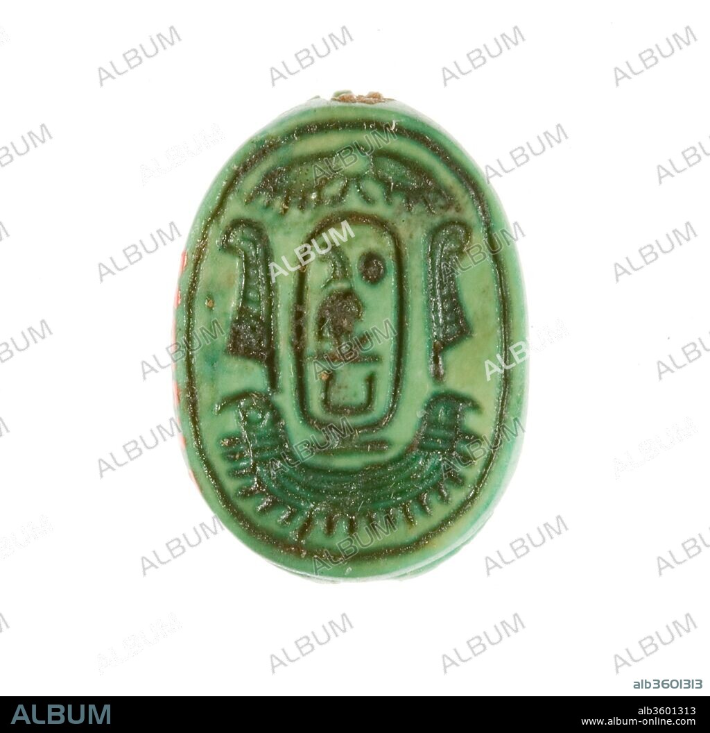 Scarab Inscribed for Maatkare (Hatshepsut). Dimensions: L. 1.8 cm (11/16 in.); w. 1.3 cm (1/2 in.). Dynasty: Dynasty 18, early. Reign: Joint reign of Hatshepsut and Thutmose III. Date: ca. 1479-1458 B.C..
During the 1926-1927 excavation season, the Museum's Egyptian Expedition uncovered three foundation deposits along the eastern enclosure wall of Hatshepsut's funerary temple at Deir el-Bahri in Western Thebes.  Among the contents were 299 scarabs and stamp-seals. Sixty-five of these are now in the Egyptian Museum, Cairo, and the rest were acquired by the Museum in the division of finds.
Among the inscriptions on the bases of these scarabs and seals are examples of every title Hatshepsut held, from the time she was "king's daughter" during the reign of her father, Thutmose I; through the time she was queen of her half-brother, Thutmose II; and during her regency and co-reign with her nephew/step-son, Thutmose III.
The inscription on the base of this scarab records Hatshepsut's throne name, Maatkare, enclosed in a cartouche and flanked by feathers that symbolize the goddess Maat (truth). Above the cartouche is a winged sun disk and below is a broad collar with falcon terminals. The name Maatkare may be roughly translated as Maat is the life force of Re (the sun god).