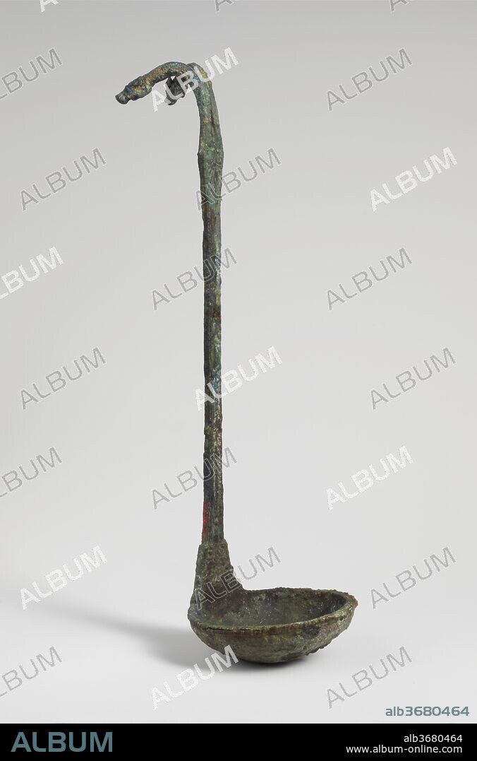 Bronze kyathos (ladle) with animal-head terminals. Culture: Etruscan. Dimensions: Other: 11 3/8 x 3 1/8 in. (28.9 x 7.9 cm). Date: late 5th century B.C..
Upper end of handle bifurcated, each part terminating in animal head.