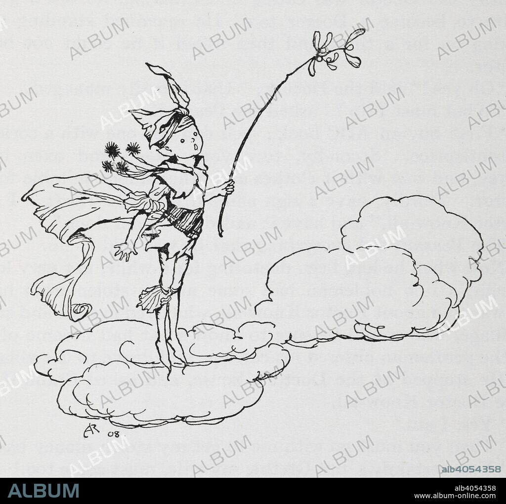 ARTHUR RACKHAM und JACOB UND WILHELM GRIMM. A pixie on a cloud carrying a twig of mistletoe. . Grimm's Fairy Tales. Illustrated by Arthur Rackham. London : William Heinemann, [1925]. Source: 12410.r.7. page 281.