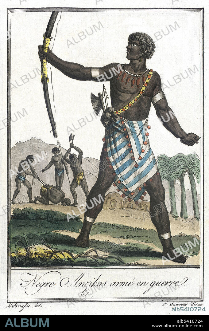 Negre Anzikos Armé en Guerre. Negro Anzikos Armed in War. The Anziku Kingdom was a pre-colonial West Central African state of modern Republic of Congo. The Anzikus may have begun as a military class protecting the BaKongo border. They were famed as excellent warriors and courageous. They specialized in archery with poison arrows. In close combat, they relied on battle axes. The kingdom of Anziku survived well into the 19th century. This is likely in no little part due to its relative isolation from coastal powers. In 1880, the French, from whom much of our information about Anziku derives, convinced the kingdom to become a vassal in return for protection. Costumes of Different Countries, hand-tinted engraving by Labrousse, published by Jacques Grasset de Saint-Sauveur, 1797.