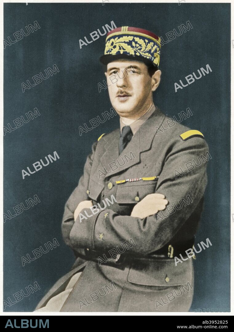 Charles Andre Joseph Marie De Gaulle, 1940. De Gaulle (1890-1970}, French soldier, statesman and author in uniform as a General. During WWII  he was leader of the Free French and in 1944, after the liberation, he became head of the provisional government. In December 1958 he was elected first president of the Fifth Republic. (Colorised black and white print).