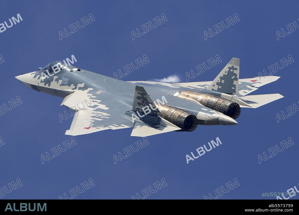 Sukhoi Su-57 (T-50) jet fighter of the Russian Air Force performing demonstration flight at MAKS-2019 airshow in Zhukovsky, Russia.