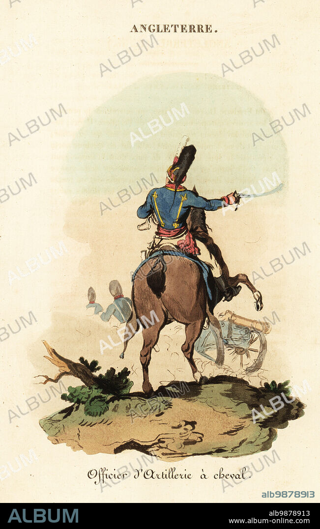 Officer of the Royal Horse Artillery, British Army, 1800s. In light cavalry uniform of Tarleton helmet, blue jacket with gold lace, white breeches and boots. He uses a sabre to instruct gunners. Officier d'Artillerie a cheval. Handcoloured copperplate engraving after an illustration by William Alexander from J-B. Eyries L'Angleterre ou Costumes, Moeurs et Usages des Anglais, England: Costumes, Manners and Mores of the English, Librairie de Gide Fils, Paris, 1821. Jean-Baptiste Eyries (1767-1846) was a French geographer, author and translator.