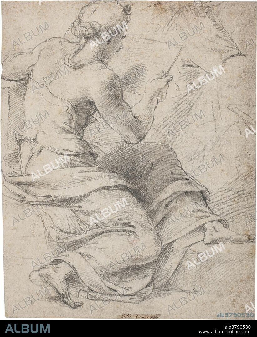 Giulio Romano (Adscrito) / 'Sibila'. 1525 - 1530. Difuminado, Lápiz, Preparado a estilete sobre papel, 265 x 211 mm.