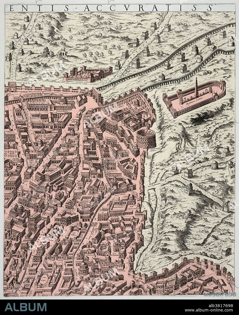 A colorized engraved map of a section of Rome (showing the Hippodrome at top right). Engraved by Etienne Du PÃ©rac (d. 1604). This reprint was published in the 1600s by Giovanni Giacomo de Rossi (Johannes Jacobus de Rubeis) from the 1574 original.