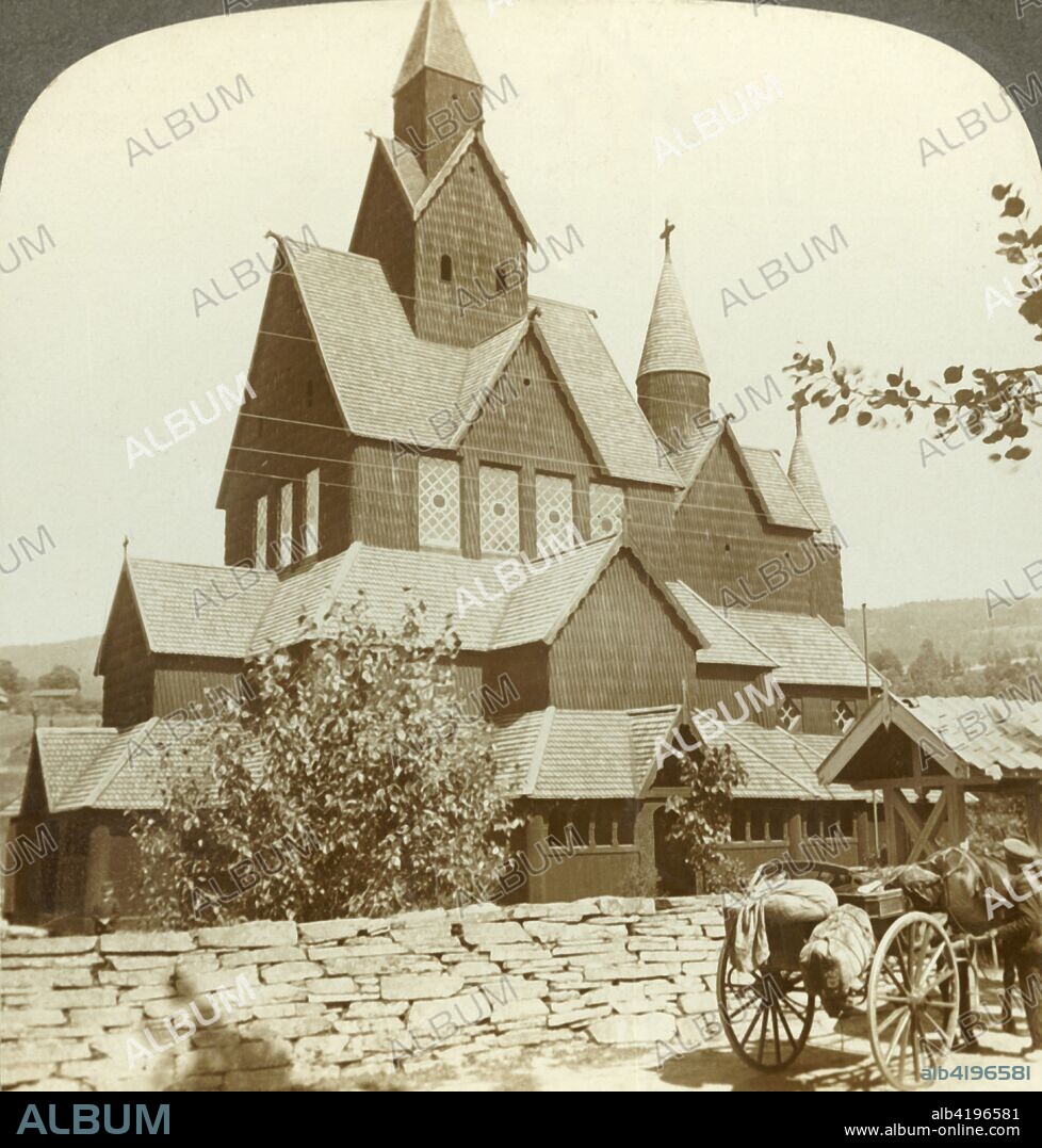 'Many gabled timber church with curious 12th century arcade and turrets, Hitterdal, Norway', c1905. From "The Underwood Travel Library - Norway". [Underwood & Underwood, London ].