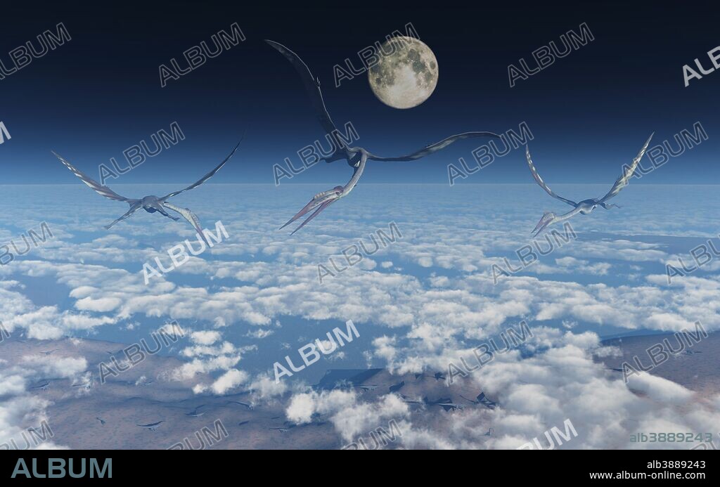 Giant Quetzalcoatlus pterosaurs flying above the clouds of a Cretaceous sky during their annual migration.