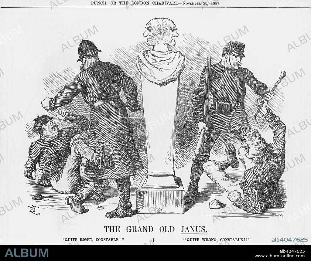 'The Grand Old Janus', 1887. Gladstone is the statue of Janus, the Roman god of doorways. Janus is usually depicted with two faces looking in different directions. Janus approves the scene to the left in which a British policeman hands out summary justice to a ruffian. He disapproves of the scene to the right in which an armed officer, dressed in the style of the French police, deals with a similar ruffian. Even as early as the late Victorian period, the debate was being opened on whether or not British policemen should be armed. The view that it would only lead to the criminals arming themselves also is evidenced by the ruffian on the right having armed himself with a club. From Punch, or the London Charivari, November 26, 1887.