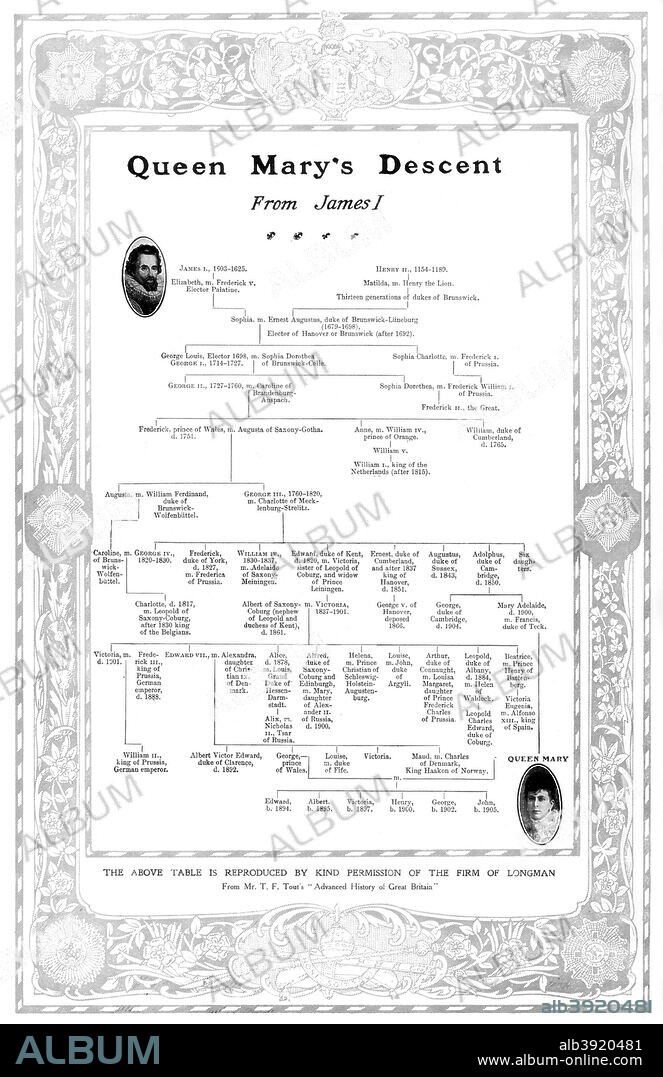 'Queen Mary's Descent from James I', 1910. Family tree showing the ancestry of Mary of Teck, Queen Consort of King George V of the United Kingdom. A print from The Sphere, 21st May 1910.