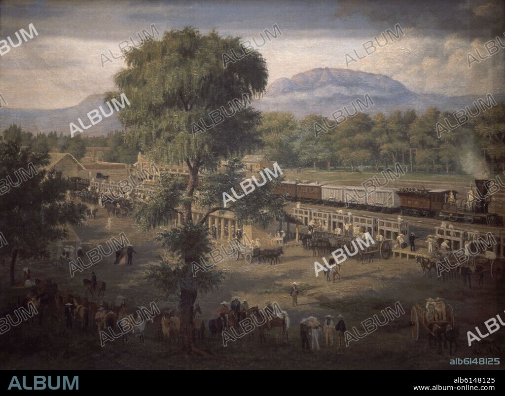 LUIS COTO. ESTACION DE FERROCARRIL MEXICANO - 1869 - OLEO/TELA.