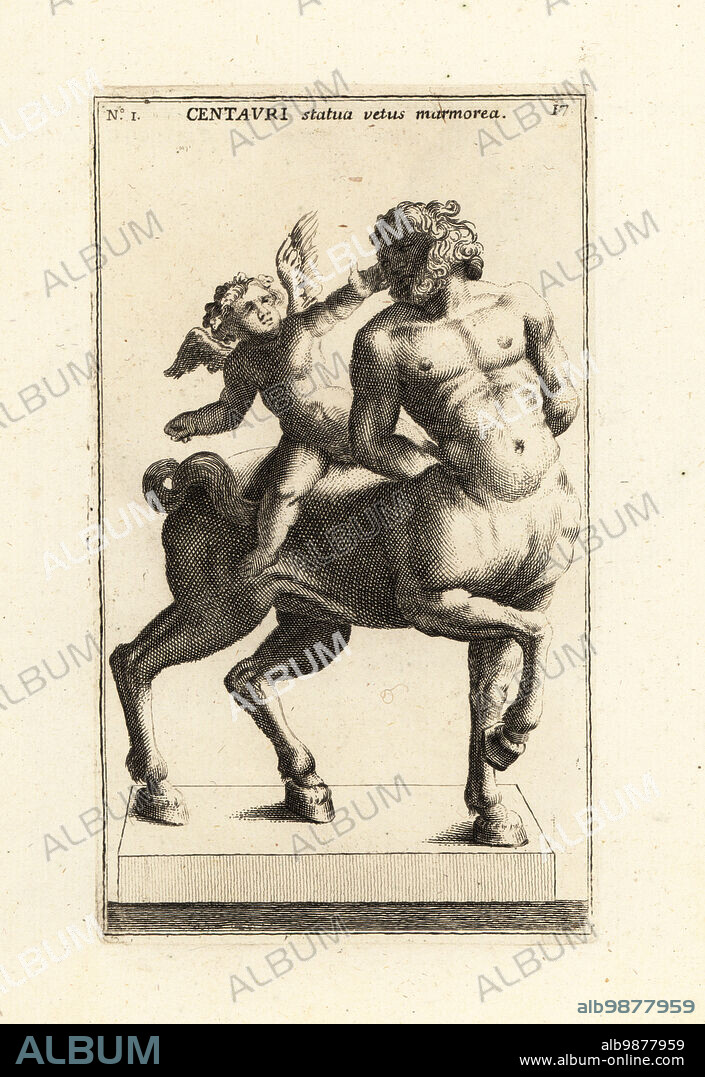 Marble statue of a Centaur and Cupid, now in the Louvre. Roman copy of a Greek statue by a sculptor of Aphrodisias, 1st or 2nd century AD. Centauri statua vetus marmorea. Copperplate engraving by Giovanni Battista Cannetti from Copperplates of the most beautiful ancient statues of Rome, Calcografia di piu belle statue antiche a Roma, engraved by Cannetti all'Arco della Ciambella, published by Gaetano Quojani, Rome, 1779.