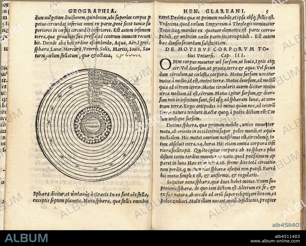 solar system, Illustration of the solar system and planets from the 16th century, Fig. 1, p. 4v, 1549, Henricus Loriti Glareanus: Henrici Glareani Helvetii poetae laureati de geographia liber unus ab ipso authore iam tertio recognitus. Venetiis: [Nicolini da Sabbio, Sessa], [1549].