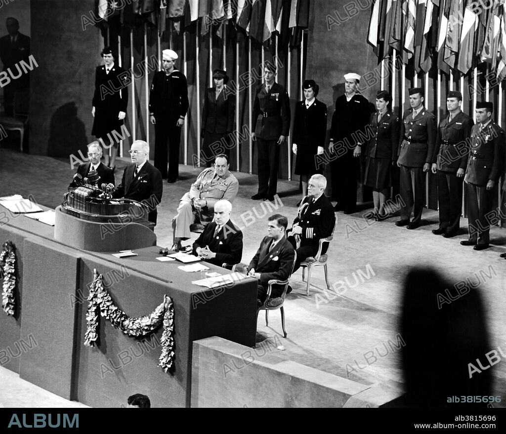 President Truman, 1945. Harry S. Truman (May 8, 1884 - December 26, 1972) was the 33rd President of the USA (1945-53). He succeeded to the presidency in 1945, when Roosevelt died three months into his unprecedented fourth term. Truman used executive orders to end racial discrimination in the armed forces and created loyalty checks that dismissed thousands of communist supporters from office. His presidency was also eventful in foreign affairs, with the defeat of Nazi Germany and his decision to use nuclear weapons against Japan, the founding of the United Nations, the Marshall Plan to rebuild Europe, the Truman Doctrine to contain communism, the beginning of the Cold War, the Berlin Airlift, the creation of NATO, the Chinese Civil War, and the Korean War. Truman was a folksy, unassuming president who relied on his cabinet. He popularized such phrases as "The buck stops here" and "If you can't stand the heat, you better get out of the kitchen." His approval ratings in the polls started out very high, then steadily sank until he was one of the most unpopular men to leave the White House. He died in 1972, of pneumonia, at the age of 88.