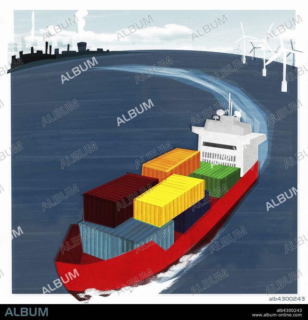 Colorful container ship at sea leaving factories and passing wind