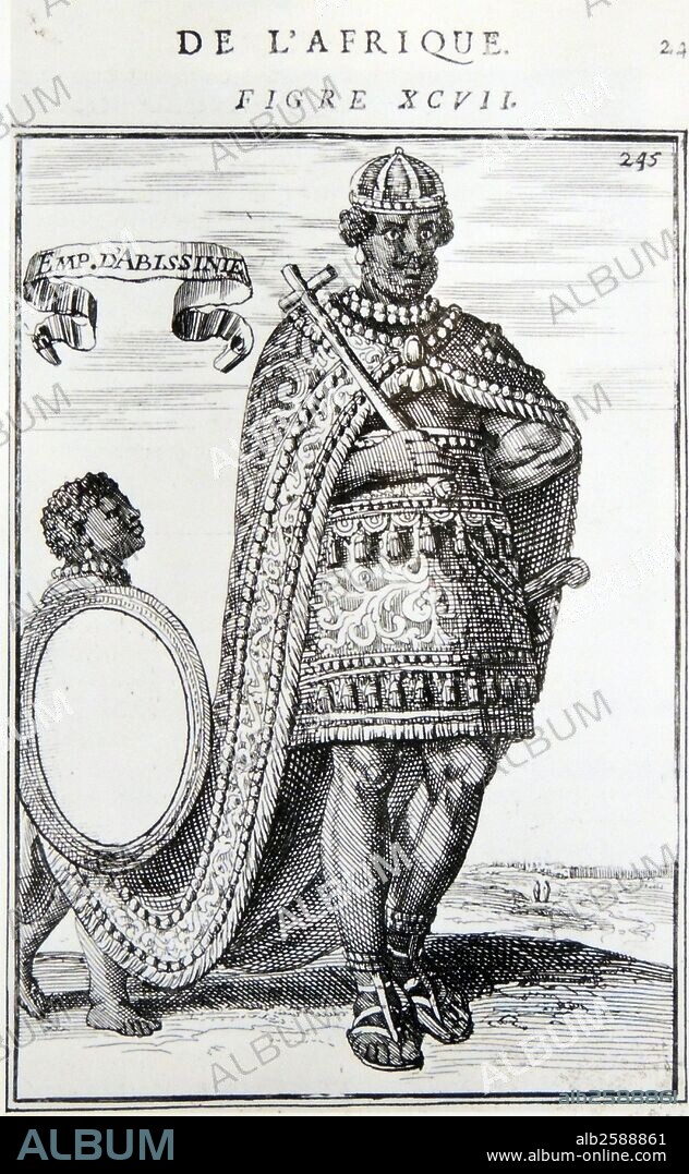 17th century depiction of teh emperor of Abyssinia (Ethiopia) possibly Fasilides  1603 - 18 October 1667) was n?gusä nägäst (1632 - 1667) of Ethiopia. A member of the Solomonic dynasty. He was the son of Susenyos I and Empress Sultana Mogassa, born at Magazaz in Shewa before 10 November 1603..