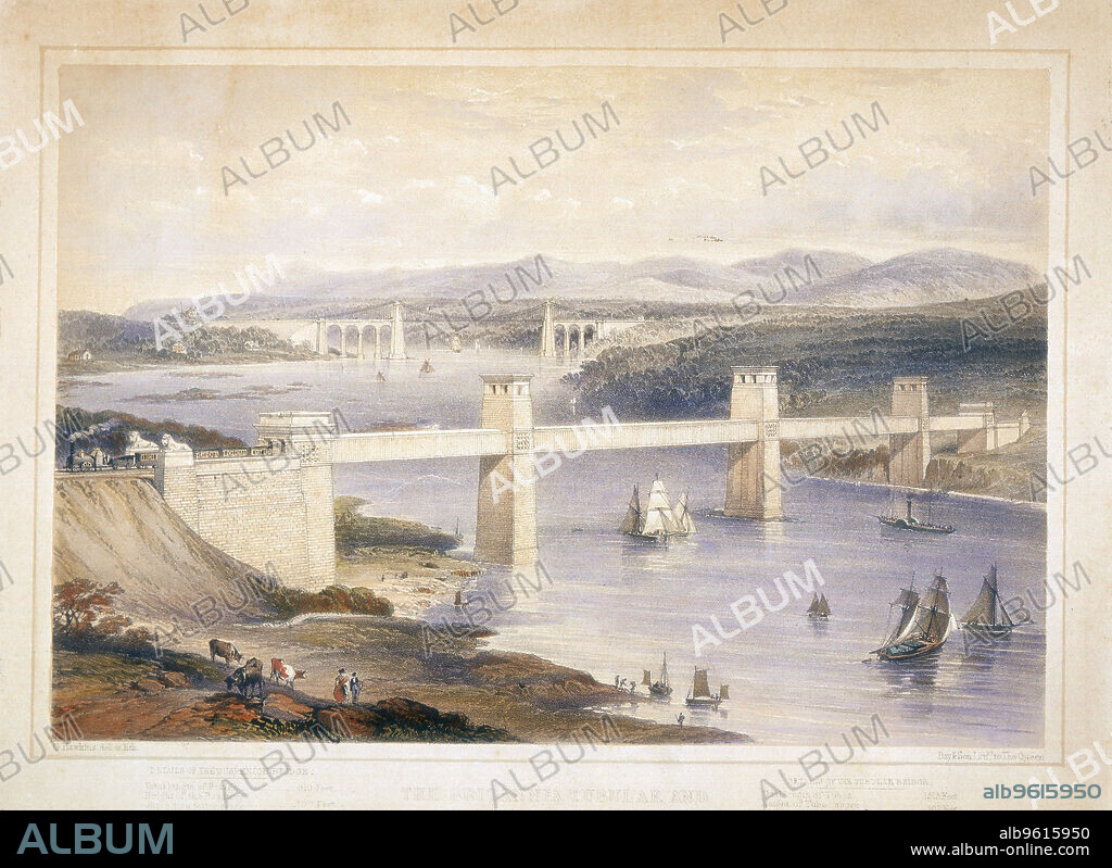 GEORGE HAWKINS. Britannia Tubular Bridge over the Menai Straits, Wales, c 1850-c1852. The Britannia Tubular Bridge was designed by Robert Stephenson (1803-1859). Construction began in 1846 and the bridge was opened on 18 March 1850. It was constructed to provide trains of the Chester and Holyhead Railway with a passageway across the Menai Straits from mainland Wales to Anglesey. The railway terminated at Holyhead, which became a major port for travellers to Ireland. The Menai Suspension Bridge, a road bridge designed by Thomas Telford and completed in 1826, can be seen in the distance.