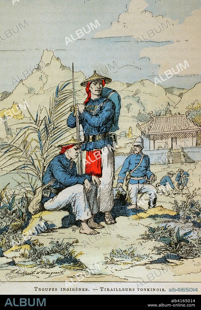 Guerra Franco-China o Conflicto de Tonkín. Enfrentamiento entre el ejército de la dinastía Qing y el colonialista francés, por el control del Tonkin, al norte de Vietnam. (Agosto 1884-abril 1885). Tropas indígenas. Tiradores tonkineses. Ilustración en color de la "Armeé Française, Nos Soldats" (Ejército Francés, Nuestros Soldados). Autor, Eugene Hennebert (1826-1896). París, h. 1890. Biblioteca Histórico Militar de Barcelona, Cataluña, España.