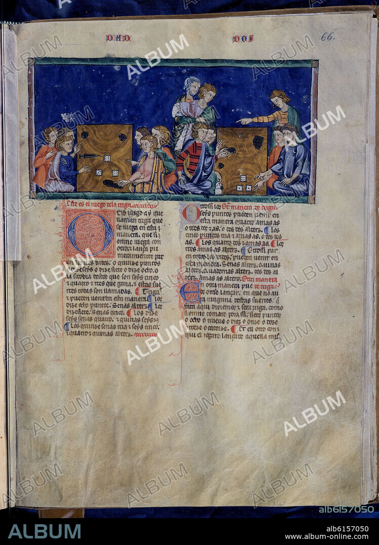 ALFONSO X OF CASTILE THE WISE. LIBRO DE JUEGOS O LIBRO DEL AJEDREZ DADOS Y TABLAS - 1283 - FOLIO 66R - JUGADORES DE LA TRIGA CON UN PUÑAL EN LA MESA - MANUSCRITO GOTICO.