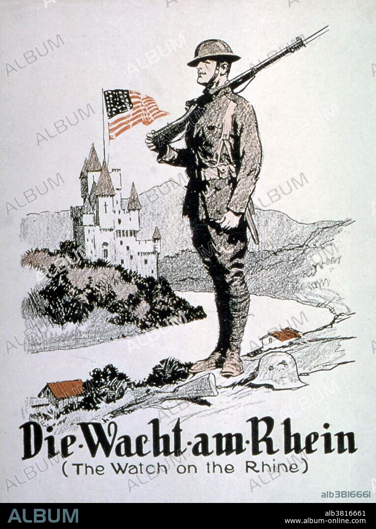 "Die Wacht am Rhein (The Watch on the Rhine)" "Die Wacht am Rhein" is a German patriotic anthem. Patriotism is generally cultural attachment to one's homeland or devotion to one's country. The song's origins are rooted in the historical French-German animosity, and it was particularly popular in Germany during the Franco-Prussian War and WWI. The refrain evoked patriotic fervor, "Dear fatherland, no fear be thine, dear fatherland, no fear be thine, Firm and True stands the Watch, the Watch at the Rhine! Firm and True stands the Watch, the Watch at the Rhine!" Patriotism in Germany before the WWI ranked at or near the top, whereas today it ranks at or near the bottom of patriotism surveys. Undated, uncredited artist.