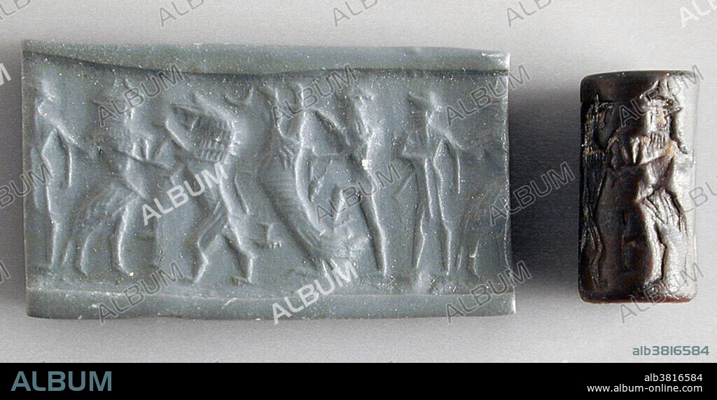 Cylinder Seal from Iran, Mesopotamia or Syria, Old Assyrian period, circa 1920-1700 BC. Made from hematite. A cylinder seal is a small stone cylinder engraved in intaglio, an engraving or incised figure, depressed below the surface so that an impression from the design yields an image in relief when rolled on wet clay. It first appeared circa 3400-2900 BC and is considered to be one of the finest artistic achievements of Mesopotamia. They are linked to the invention of the latter cuneiform writing on clay cylinders. They were used as an administrative tool, a form of signature, as well as jewellery and as magical amulets. Later versions would employ notations with Mesopotamian hieroglyphs. Many varieties of material such as hematite, obsidian, steatite, amethyst, lapis lazuli and carnelian were used to make cylinder seals. The seals were adopted in Egypt and the Indus civilization.