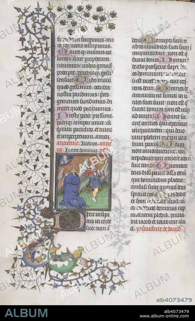 Miniature shows David kneeling before God; beside him, a fool dancing. Decorated initial 'D'. Breviary of John the Fearless. France [Paris]; between 1413 and 1419. Source: Harley 2897, f.42v. Language: Latin and French.