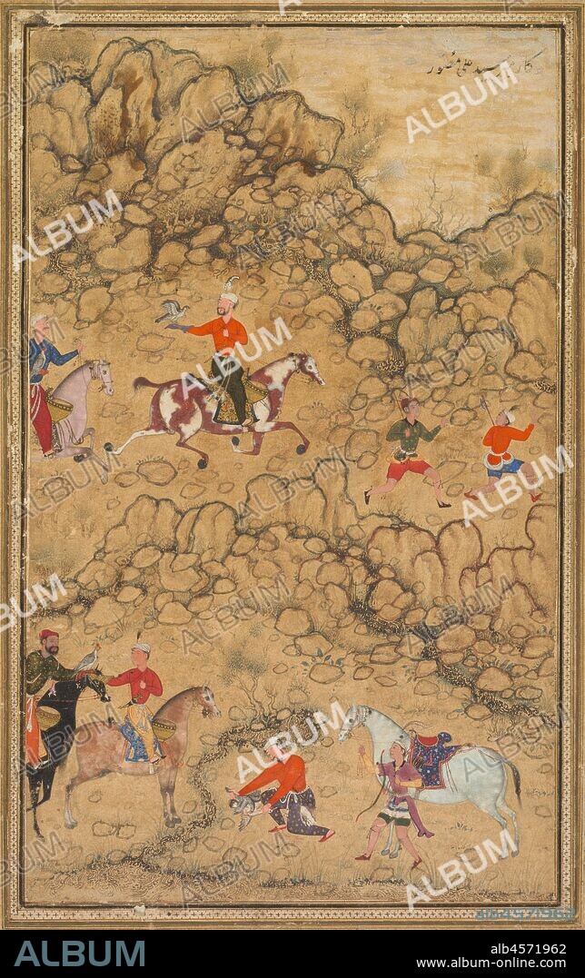 Hunting with falcons in a landscape; Verso: Calligraphy of Chaghatai Turkish poems in praise of wine, Sultan Muhammad Nur (Persian, c. 1472-1536) and Mirza Muhammad (probably Persian, active c. 1520s), c. 1558-60; borders added probably 1700s. The Mughals hunted on horseback with falcons. The hunting party would ride out into the wild and flush the prey. Then, its hood removed, the falcon would chase the prey and bring it down. From childhood Akbar loved hunting, and this painting may be a rare depiction of Akbar as a youth at the lower left, with the black feather in his white turban. The falcon that has caught a duck has been hooded and is being passed between the young man and his bearded companion. This important work was painted by one of the Persian artists Akbar?s father brought to India from Iran. The inscription at the upper right gives the name of one of the other Persian artists, but it is probably an erroneous later addition. This page of delicately illuminated calligraphy from the pre-Mughal period was mounted into a Mughal album. The poems are written in the native language of the Mughals, a form of Turkish called Chaghatai, using a flowing form of Arabic script called nasta?liq. The Mughals self-consciously adopted Persian as their official court language, so few Chaghatai books or works of calligraphy were made for them. The quatrain in the center reads: The wine has made an attempt on my life, Since it is the wine that can wear down the pain of separation. O Sufi! Let the mosque be for you, and the tavern for me, Since you need to arrive at the Spring of Kowsar, while I am in need of wine! The Spring of Kowsar is where the righteous quench their thirst in the afterlife.